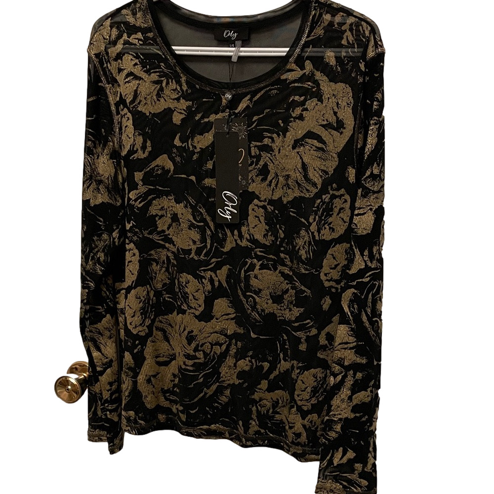 Nwt’s Orly Black and Gold Floral Long Sleeve Top Size Large